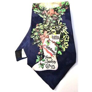 Vtg Christmas Neck Tie Santa Claus Stocking Design Angels Navy Blue 100% Silk